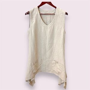 Boutique Linen tunic top Lagenlook asymmetric , pockets, sleeveless, tan, sz M